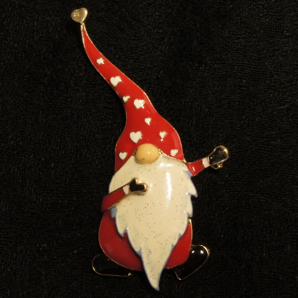Christmas‎ Gnome Brooch Red Hat Santa Elf Nordic Holiday Pin Gold Tone